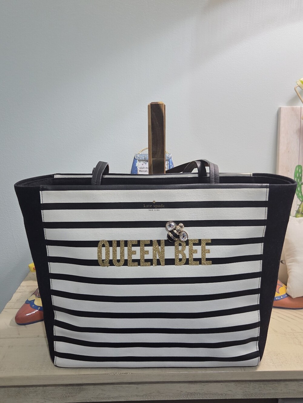 Kate Spade New York "Queen Bee" Striped Canvas Tote Bag...Storybook Lining, EUC